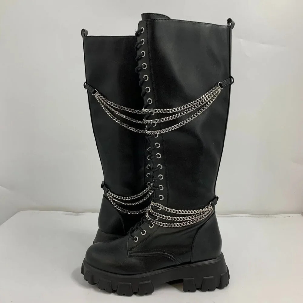 Hot Topic Women’s Black‎ Chains Platform Side Zip Knee-High Boots Size 10 NWOB - Picture 5 of 16
